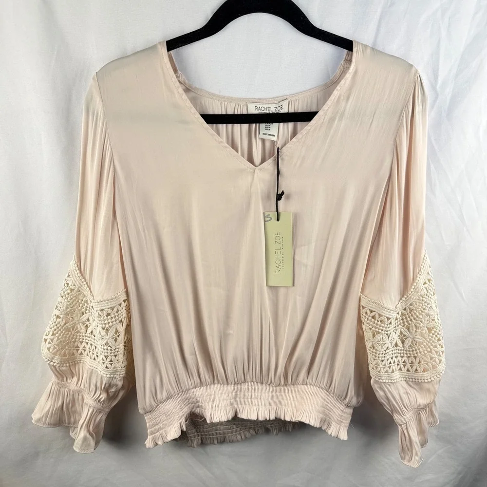 NEW Rachel Zoe Cream Satin Peasant Blouse Crochet Smocked Medium Boho Small Flaw - Picture 1 of 8